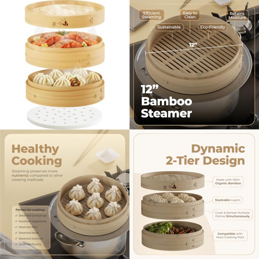 Bamboo Steamer Basket - 2-Tier - Bao Steamer Bamboo のレビューと価格